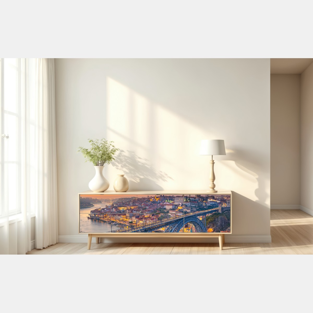 Repositionierbarer Aufkleber porto skyline bei dämmerung mit Dom Luís I – Wallnifity® Repositionierbarer Aufkleber porto skyline bei dämmerung mit Dom Luís I – Wallnifity®