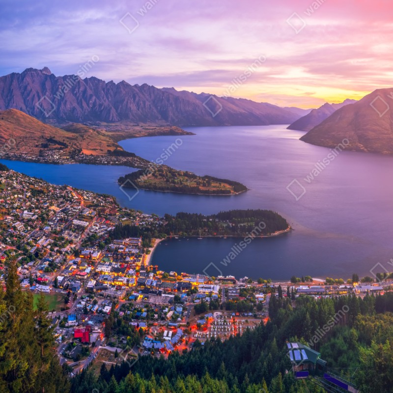 Repositionierbarer Aufkleber Queenstown panorama bei dämmerung – Wallnifity® Repositionierbarer Aufkleber Queenstown panorama bei dämmerung – Wallnifity®