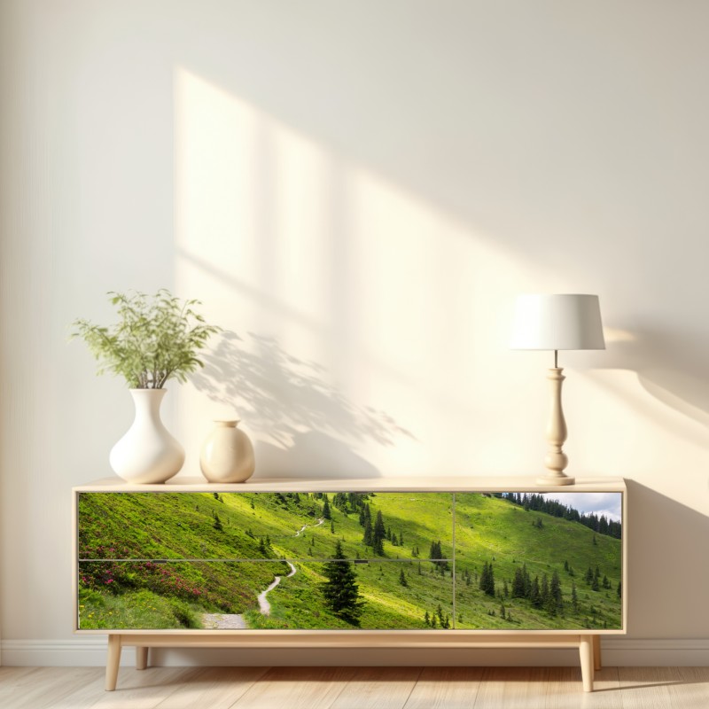 Repositionierbarer Aufkleber sonniger bergpfad durch grüne wiese – Wallnifity® Repositionierbarer Aufkleber sonniger bergpfad durch grüne wiese – Wallnifity®
