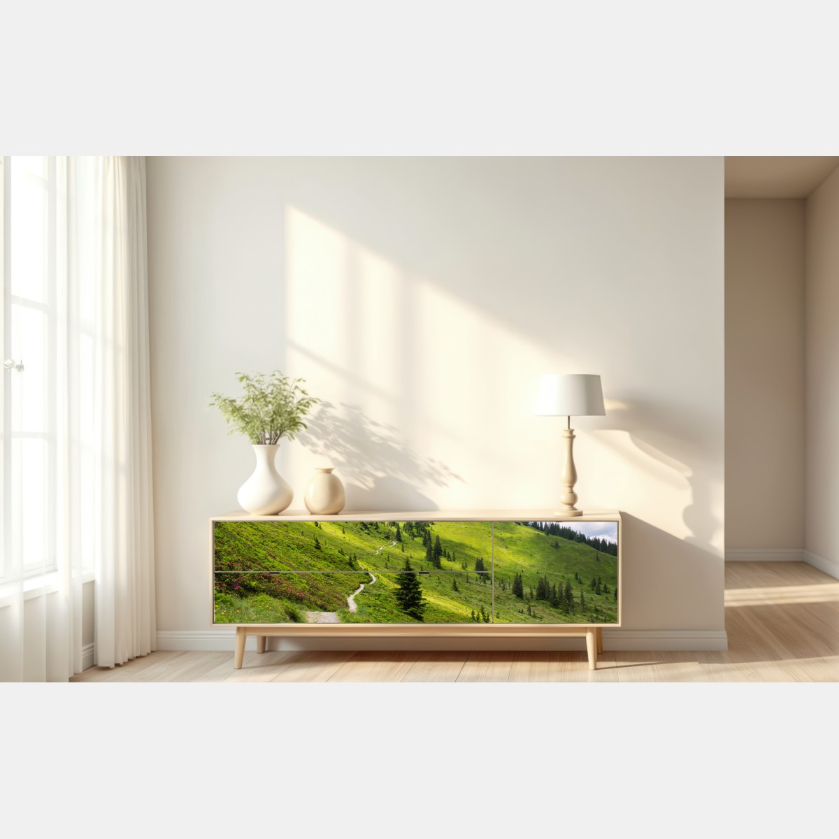 Repositionierbarer Aufkleber sonniger bergpfad durch grüne wiese – Wallnifity® Repositionierbarer Aufkleber sonniger bergpfad durch grüne wiese – Wallnifity®