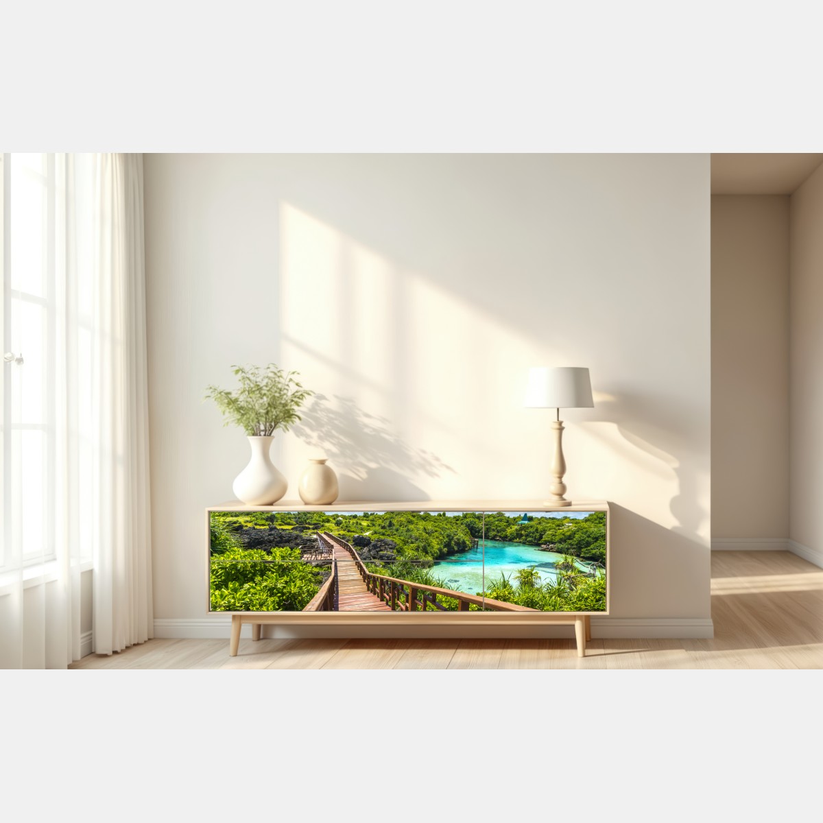 Repositionierbarer Aufkleber tropischer holzsteg zur türkislagune – Wallnifity® Repositionierbarer Aufkleber tropischer holzsteg zur türkislagune – Wallnifity®