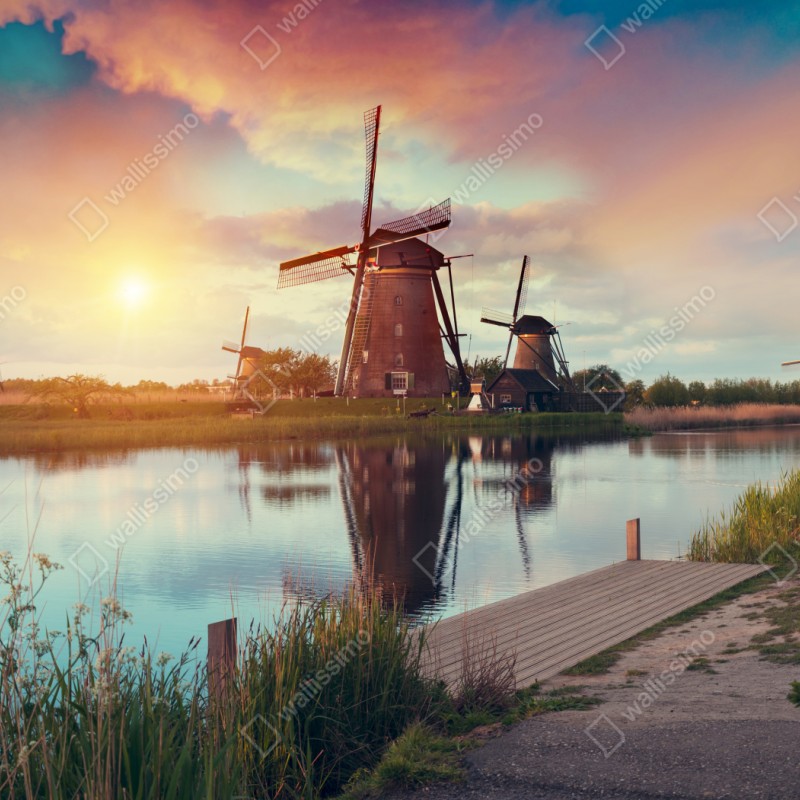 Repositionierbarer Aufkleber sonnenuntergang über windmühlen in den Niederlanden – Wallnifity® Repositionierbarer Aufkleber sonnenuntergang über windmühlen in den Niederlanden – Wallnifity®
