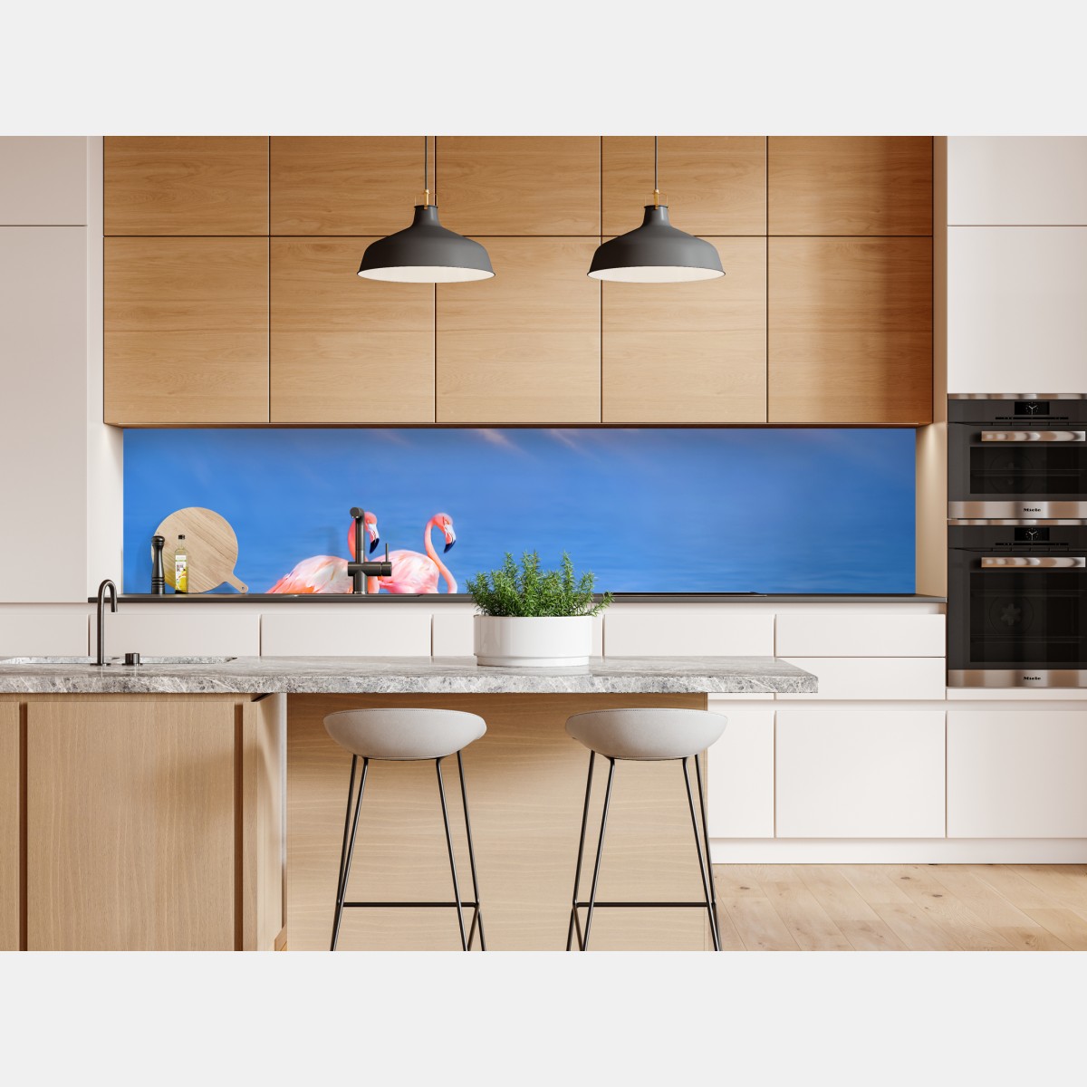 Repositionierbarer Aufkleber rosa flamingos auf pastellfarbenem wasser – Wallnifity® Repositionierbarer Aufkleber rosa flamingos auf pastellfarbenem wasser – Wallnifity®