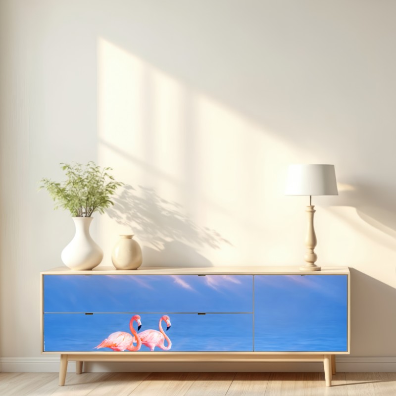 Repositionierbarer Aufkleber rosa flamingos auf pastellfarbenem wasser – Wallnifity® Repositionierbarer Aufkleber rosa flamingos auf pastellfarbenem wasser – Wallnifity®