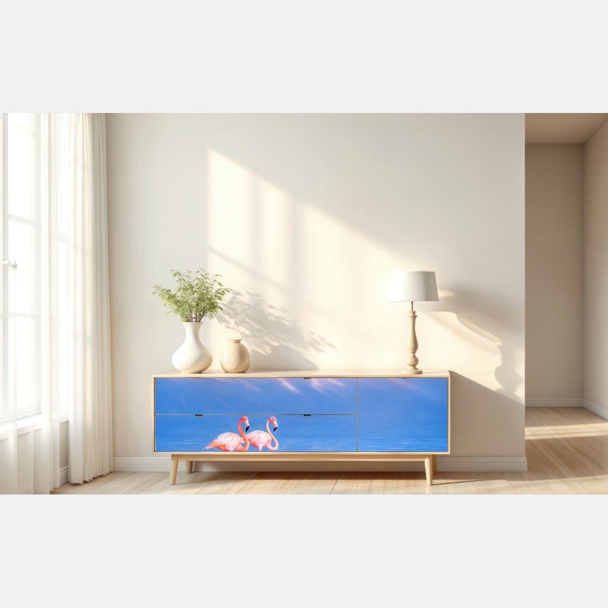 Repositionierbarer Aufkleber rosa flamingos auf pastellfarbenem wasser – Wallnifity® Repositionierbarer Aufkleber rosa flamingos auf pastellfarbenem wasser – Wallnifity®