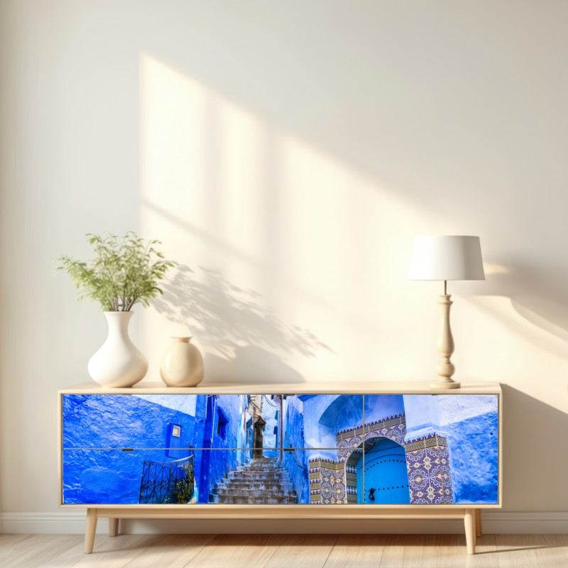 Repositionierbarer Aufkleber blaue gasse in Chefchaouen, Marokko – Wallnifity® Repositionierbarer Aufkleber blaue gasse in Chefchaouen, Marokko – Wallnifity®