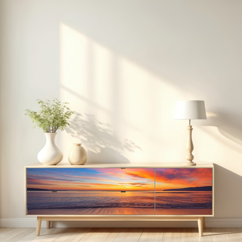 Repositionierbarer Aufkleber lebendiger sonnenaufgang über einem ruhigen strand – Wallnifity® Repositionierbarer Aufkleber lebendiger sonnenaufgang über einem ruhigen strand – Wallnifity®