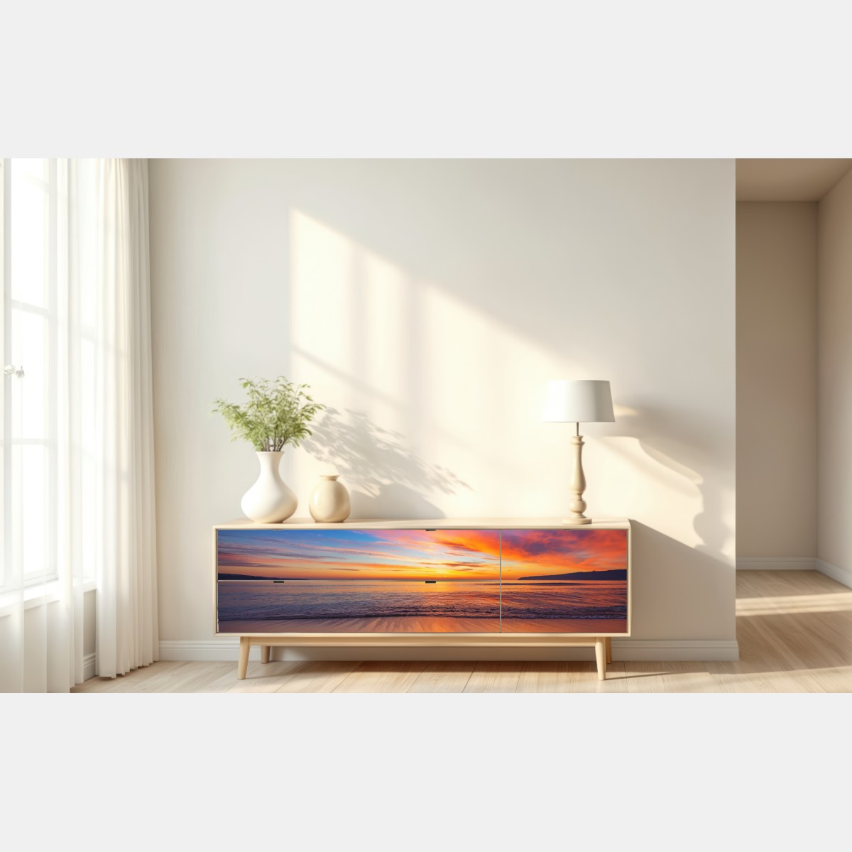 Repositionierbarer Aufkleber lebendiger sonnenaufgang über einem ruhigen strand – Wallnifity® Repositionierbarer Aufkleber lebendiger sonnenaufgang über einem ruhigen strand – Wallnifity®