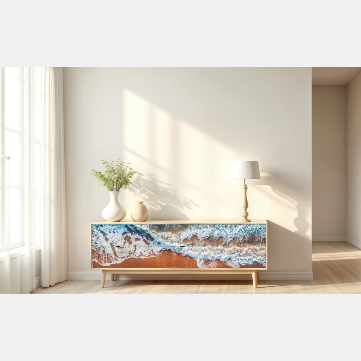 Repositionierbarer Aufkleber luftaufnahme türkisfarbener wellen an einem sandstrand – Wallnifity® Repositionierbarer Aufkleber luftaufnahme türkisfarbener wellen an einem sandstrand – Wallnifity®