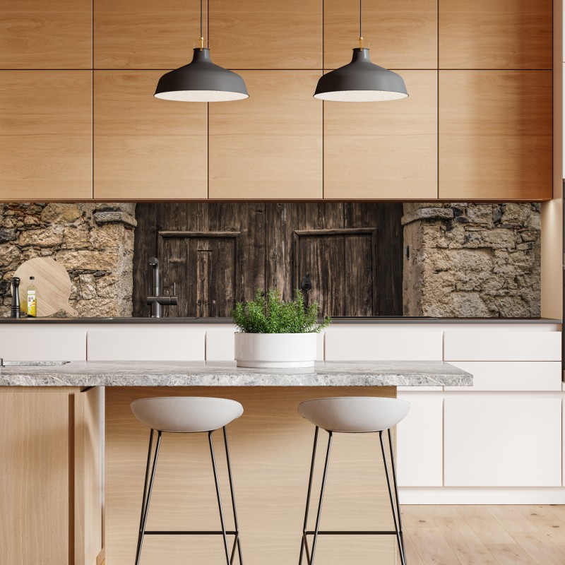 Repositionierbarer Aufkleber sonnige gasse auf der insel mit leuchtender buganvillea – Wallnifity®