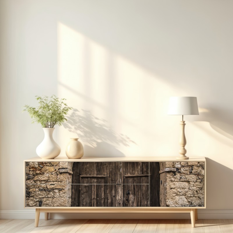 Repositionierbarer Aufkleber rustikale holztür mit steinbogen – Wallnifity® Repositionierbarer Aufkleber rustikale holztür mit steinbogen – Wallnifity®