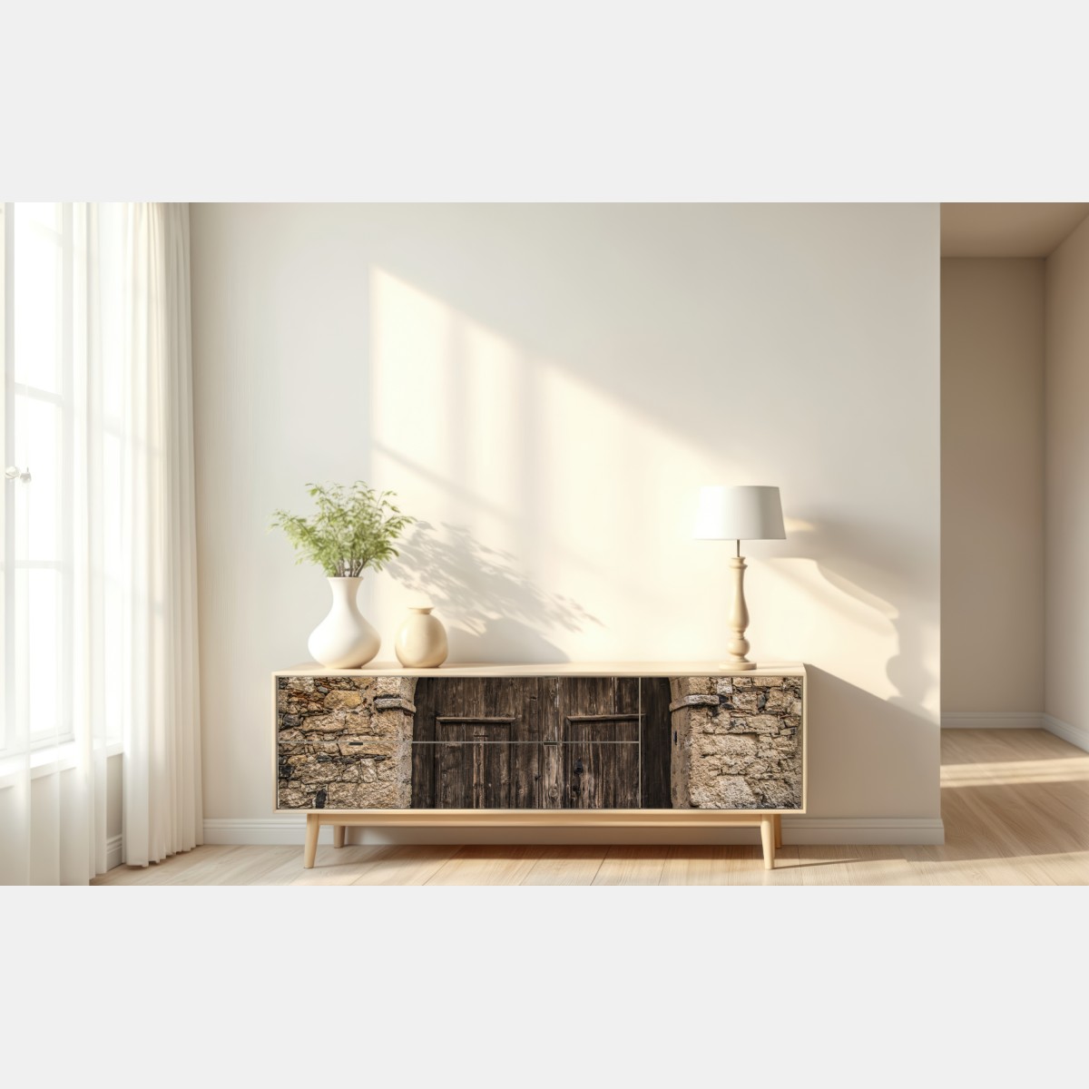 Repositionierbarer Aufkleber rustikale holztür mit steinbogen – Wallnifity® Repositionierbarer Aufkleber rustikale holztür mit steinbogen – Wallnifity®