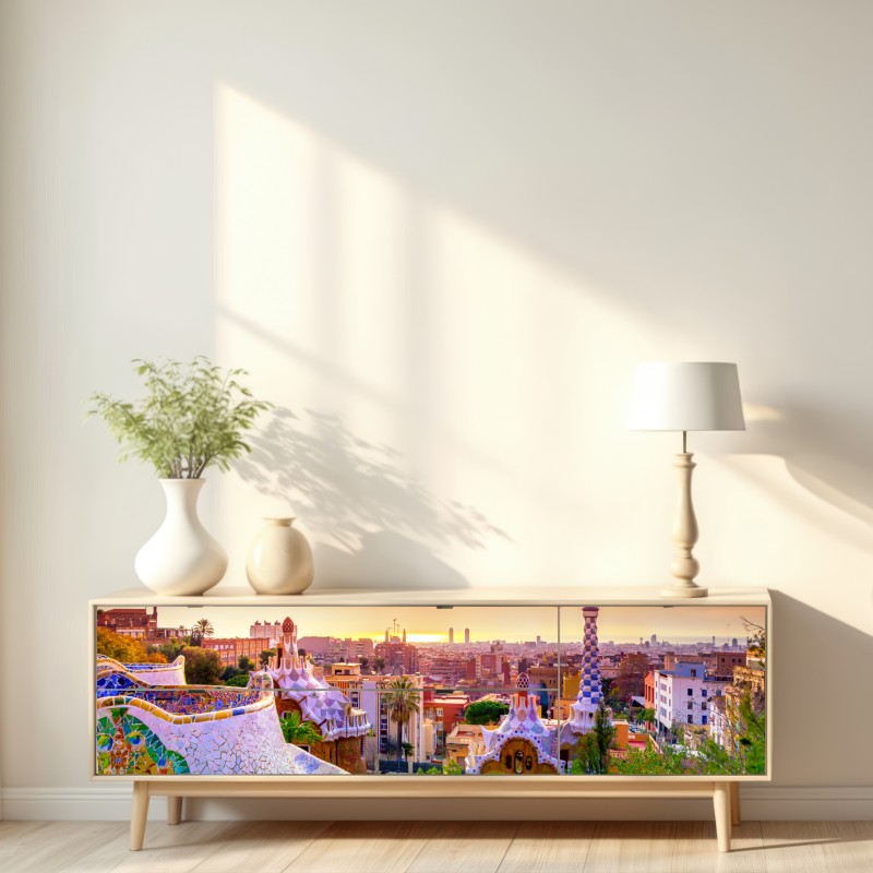 Repositionierbarer Aufkleber sonnenuntergang über Park Güell in Barcelona – Wallnifity® Repositionierbarer Aufkleber sonnenuntergang über Park Güell in Barcelona – Wallnifity®