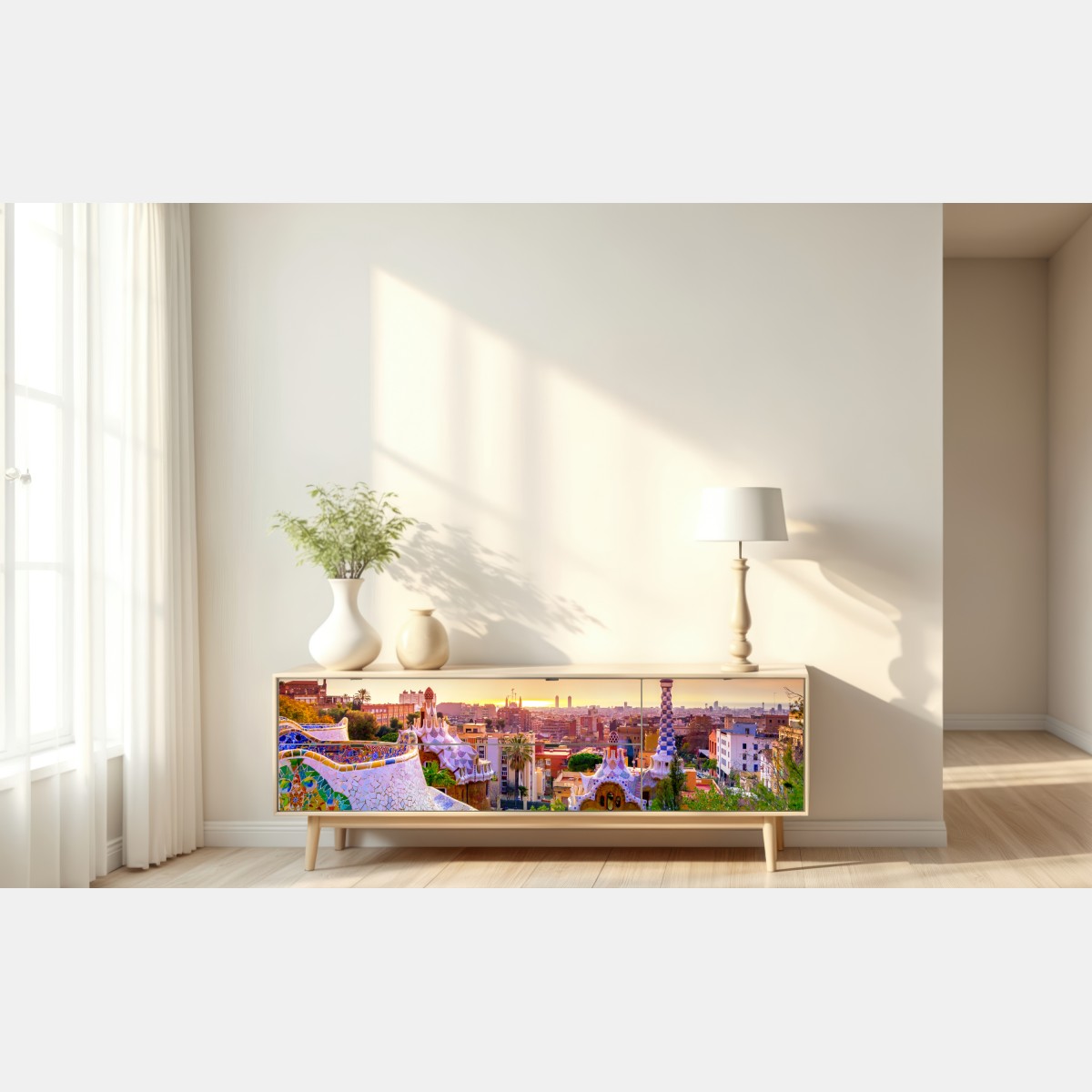 Repositionierbarer Aufkleber sonnenuntergang über Park Güell in Barcelona – Wallnifity® Repositionierbarer Aufkleber sonnenuntergang über Park Güell in Barcelona – Wallnifity®