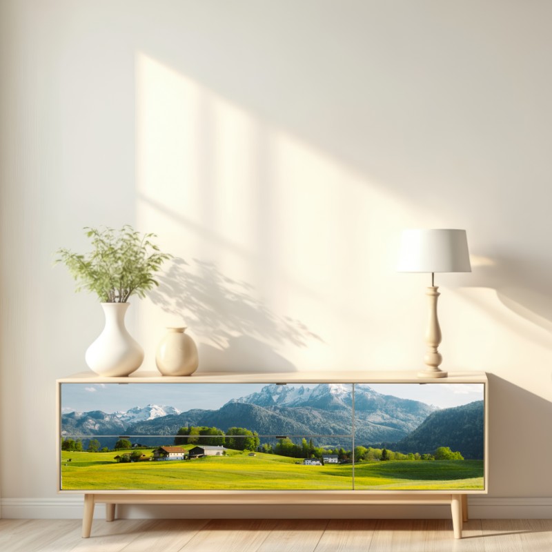 Repositionierbarer Aufkleber alpwiese unter schneebedeckten gipfeln – Wallnifity® Repositionierbarer Aufkleber alpwiese unter schneebedeckten gipfeln – Wallnifity®