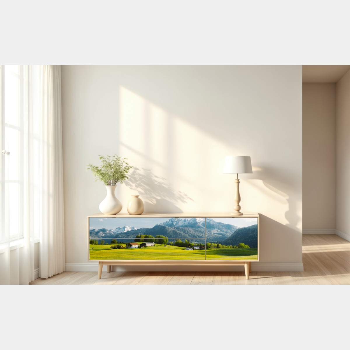 Repositionierbarer Aufkleber alpwiese unter schneebedeckten gipfeln – Wallnifity® Repositionierbarer Aufkleber alpwiese unter schneebedeckten gipfeln – Wallnifity®