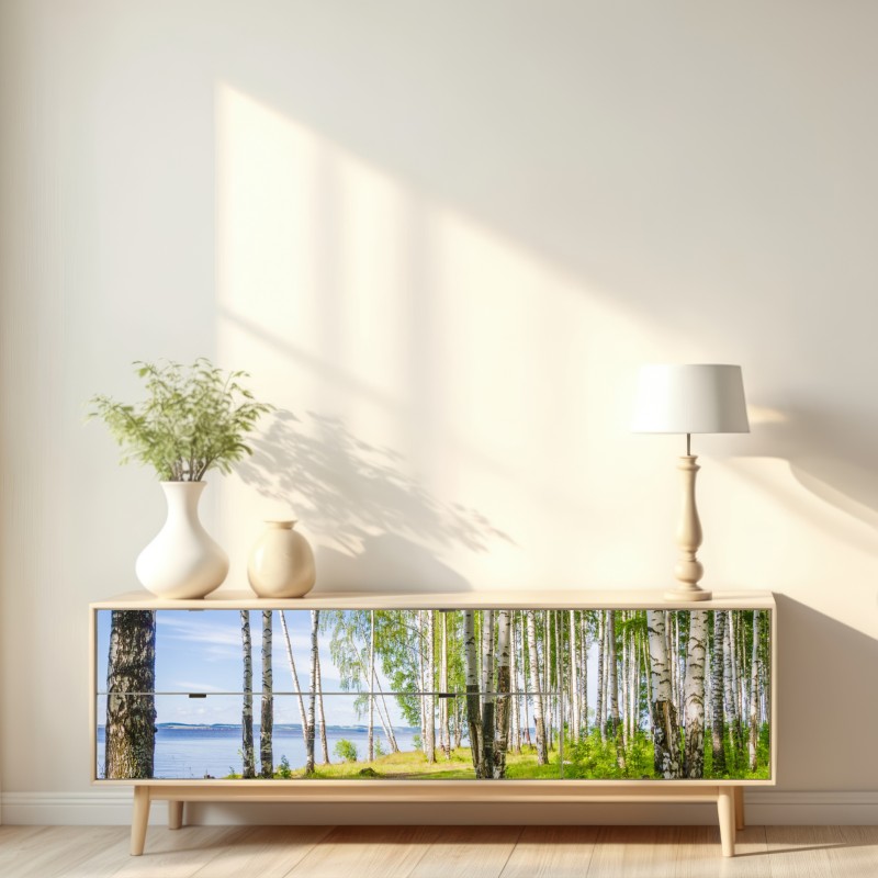 Repositionierbarer Aufkleber sonnige birkenlichtung am wasser – Wallnifity® Repositionierbarer Aufkleber sonnige birkenlichtung am wasser – Wallnifity®