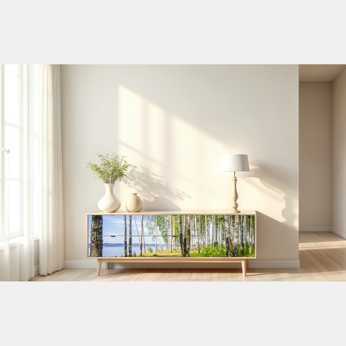 Repositionierbarer Aufkleber sonnige birkenlichtung am wasser – Wallnifity® Repositionierbarer Aufkleber sonnige birkenlichtung am wasser – Wallnifity®