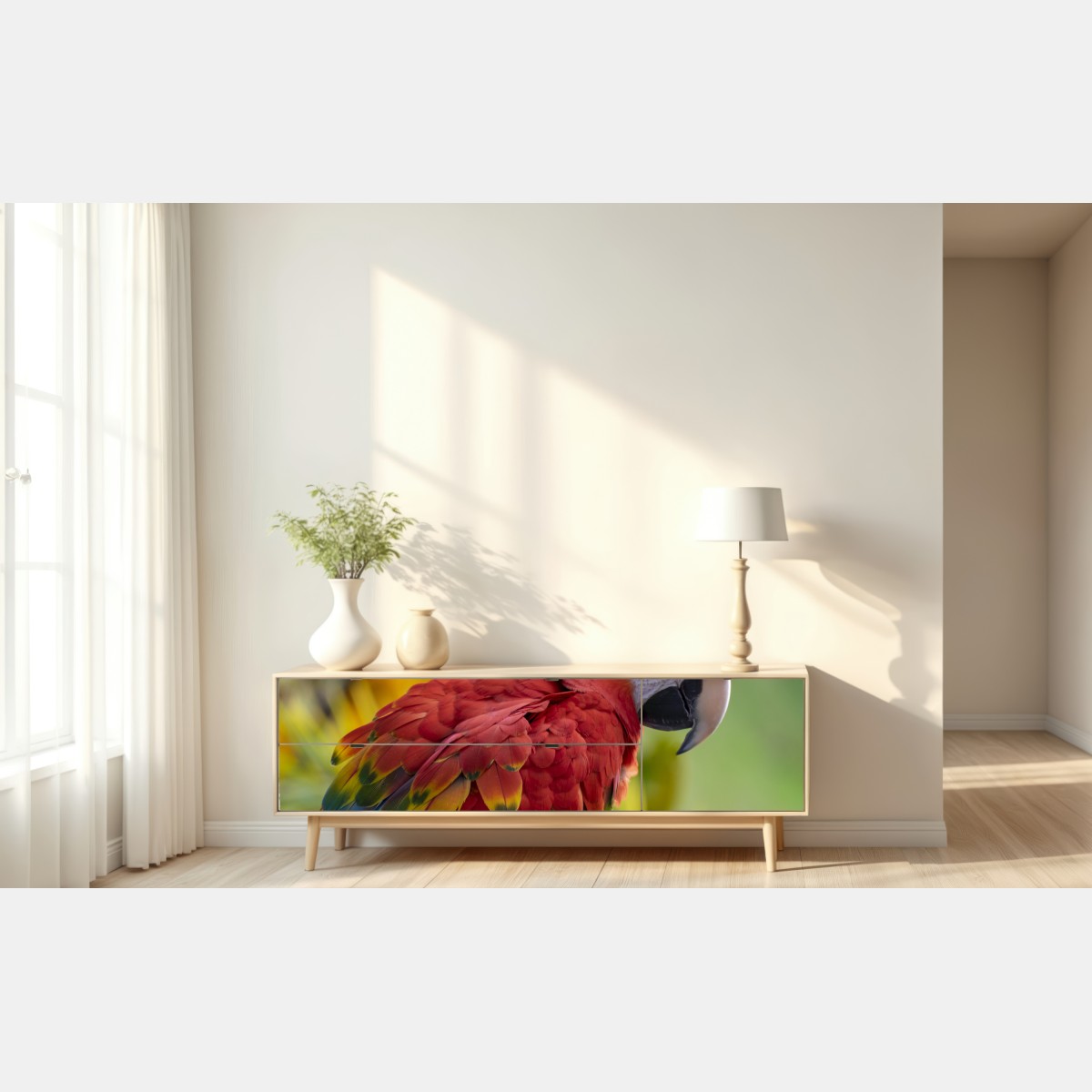 Repositionierbarer Aufkleber intensives porträt einer scharlachara – Wallnifity® Repositionierbarer Aufkleber intensives porträt einer scharlachara – Wallnifity®