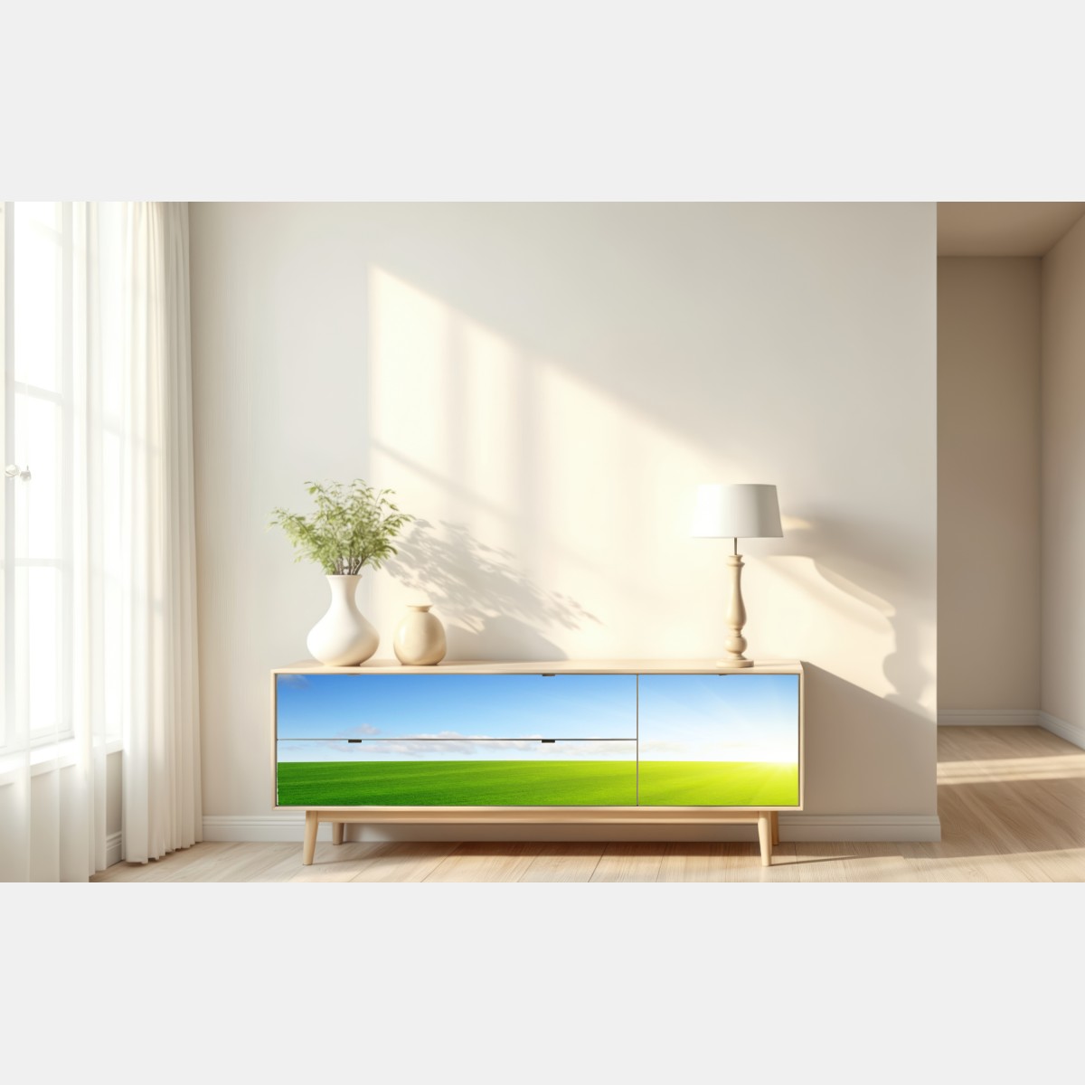Repositionierbarer Aufkleber sonnenbeschienene grüne wiese im morgenlicht – Wallnifity® Repositionierbarer Aufkleber sonnenbeschienene grüne wiese im morgenlicht – Wallnifity®