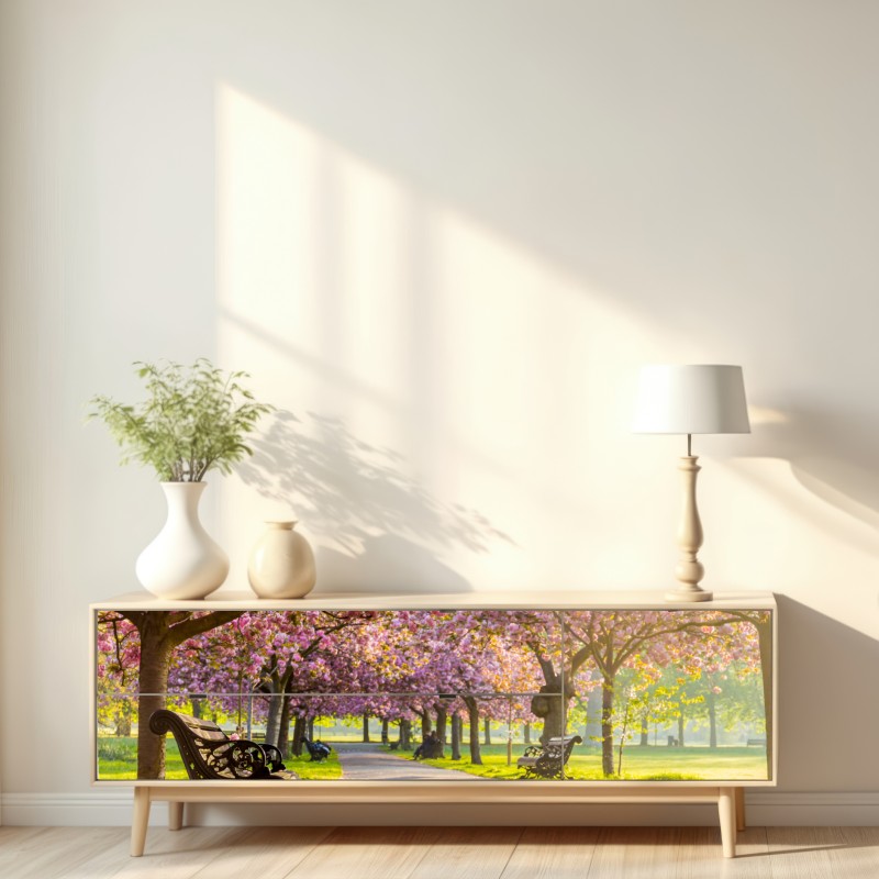 Repositionierbarer Aufkleber kirschblütenallee im frühling – Wallnifity® Repositionierbarer Aufkleber kirschblütenallee im frühling – Wallnifity®