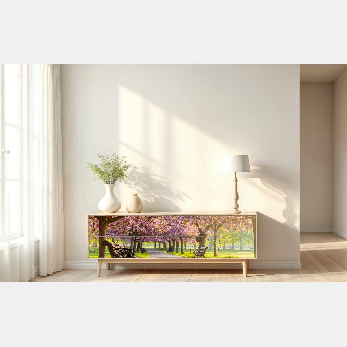 Repositionierbarer Aufkleber kirschblütenallee im frühling – Wallnifity® Repositionierbarer Aufkleber kirschblütenallee im frühling – Wallnifity®