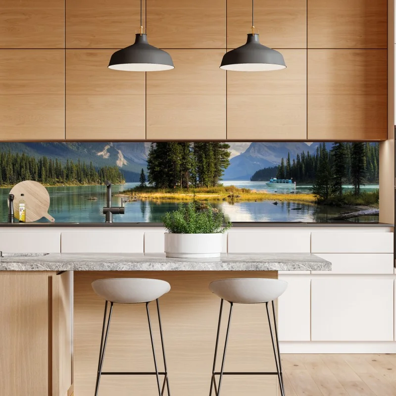 Repositionierbarer Aufkleber ruhiger alpensee mit insel und bergen – Wallnifity® Repositionierbarer Aufkleber ruhiger alpensee mit insel und bergen – Wallnifity®