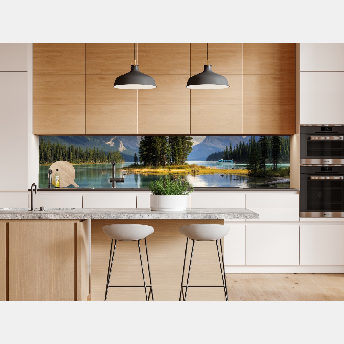 Repositionierbarer Aufkleber ruhiger alpensee mit insel und bergen – Wallnifity® Repositionierbarer Aufkleber ruhiger alpensee mit insel und bergen – Wallnifity®