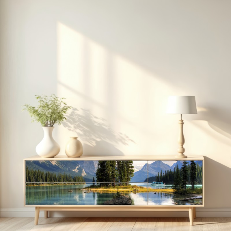 Repositionierbarer Aufkleber ruhiger alpensee mit insel und bergen – Wallnifity® Repositionierbarer Aufkleber ruhiger alpensee mit insel und bergen – Wallnifity®