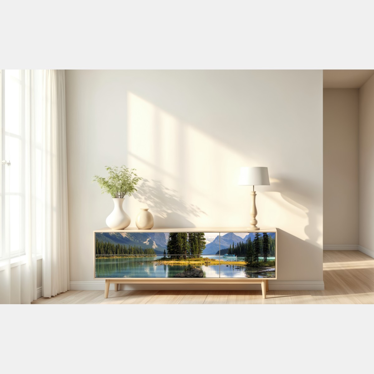 Repositionierbarer Aufkleber ruhiger alpensee mit insel und bergen – Wallnifity® Repositionierbarer Aufkleber ruhiger alpensee mit insel und bergen – Wallnifity®