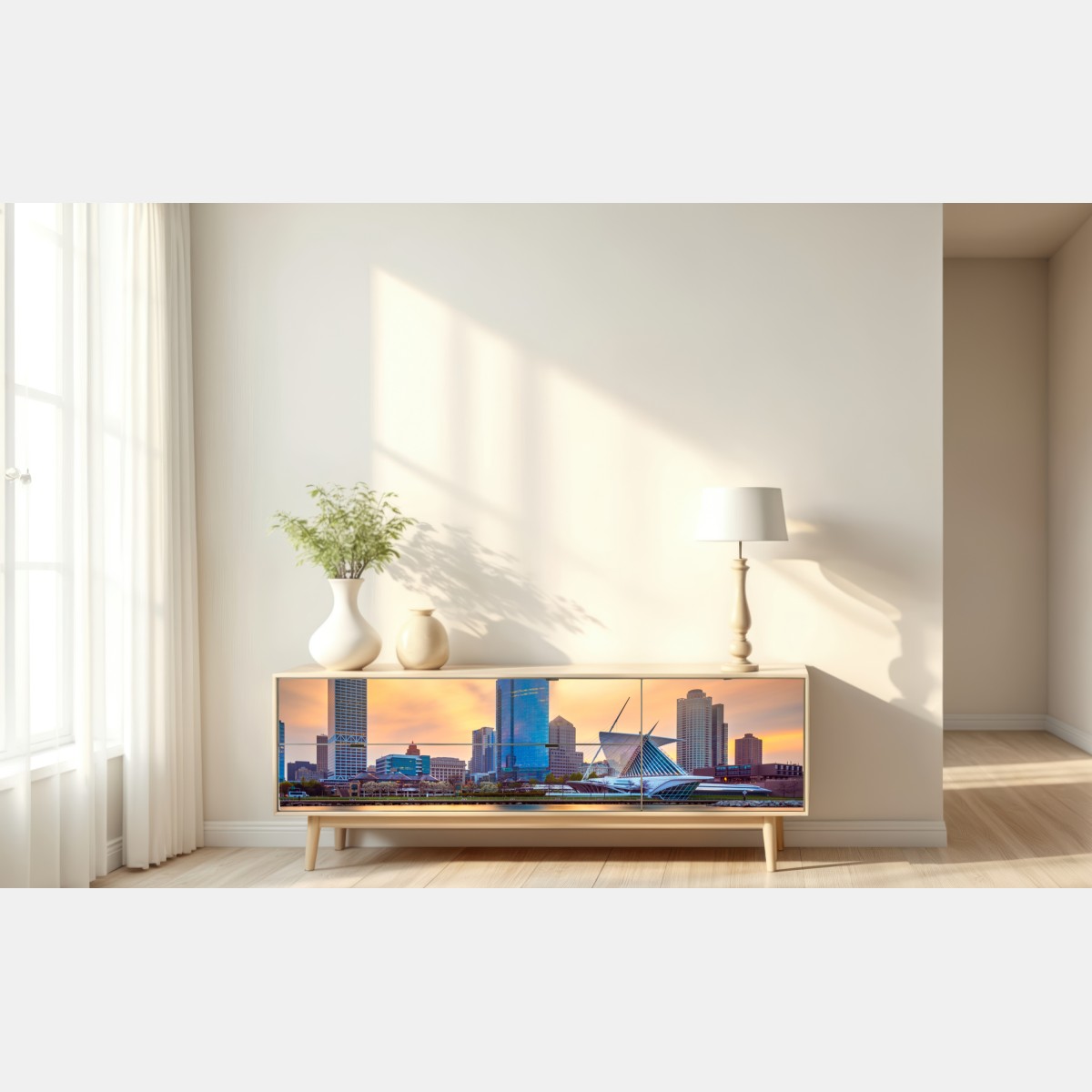 Repositionierbarer Aufkleber Milwaukee skyline bei dämmerung – Wallnifity® Repositionierbarer Aufkleber Milwaukee skyline bei dämmerung – Wallnifity®