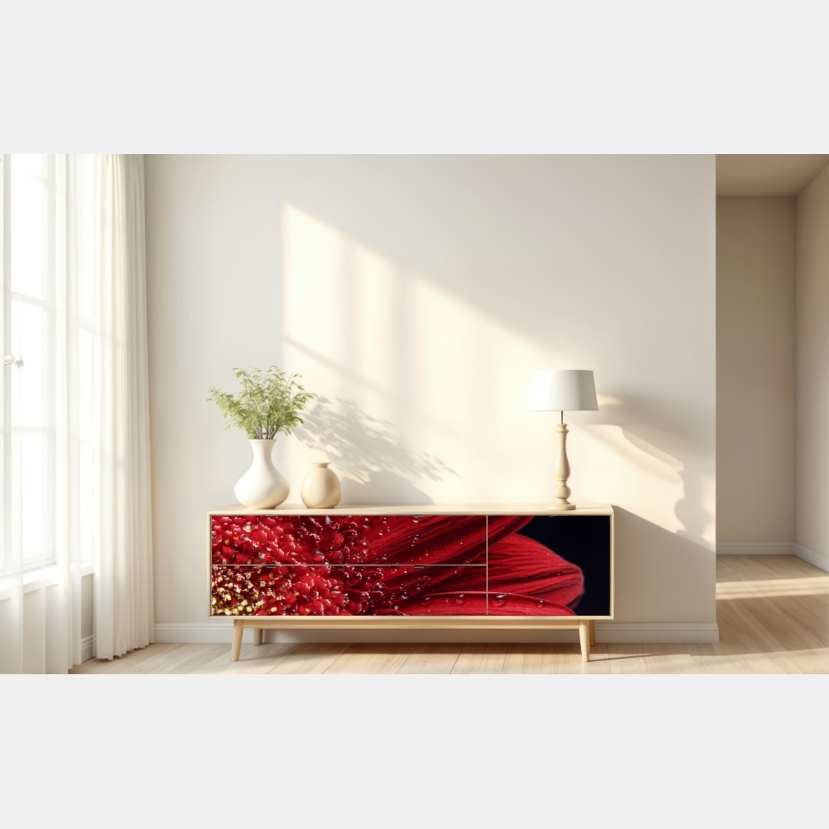 Repositionierbarer Aufkleber rote gerbera makro mit wassertropfen – Wallnifity® Repositionierbarer Aufkleber rote gerbera makro mit wassertropfen – Wallnifity®