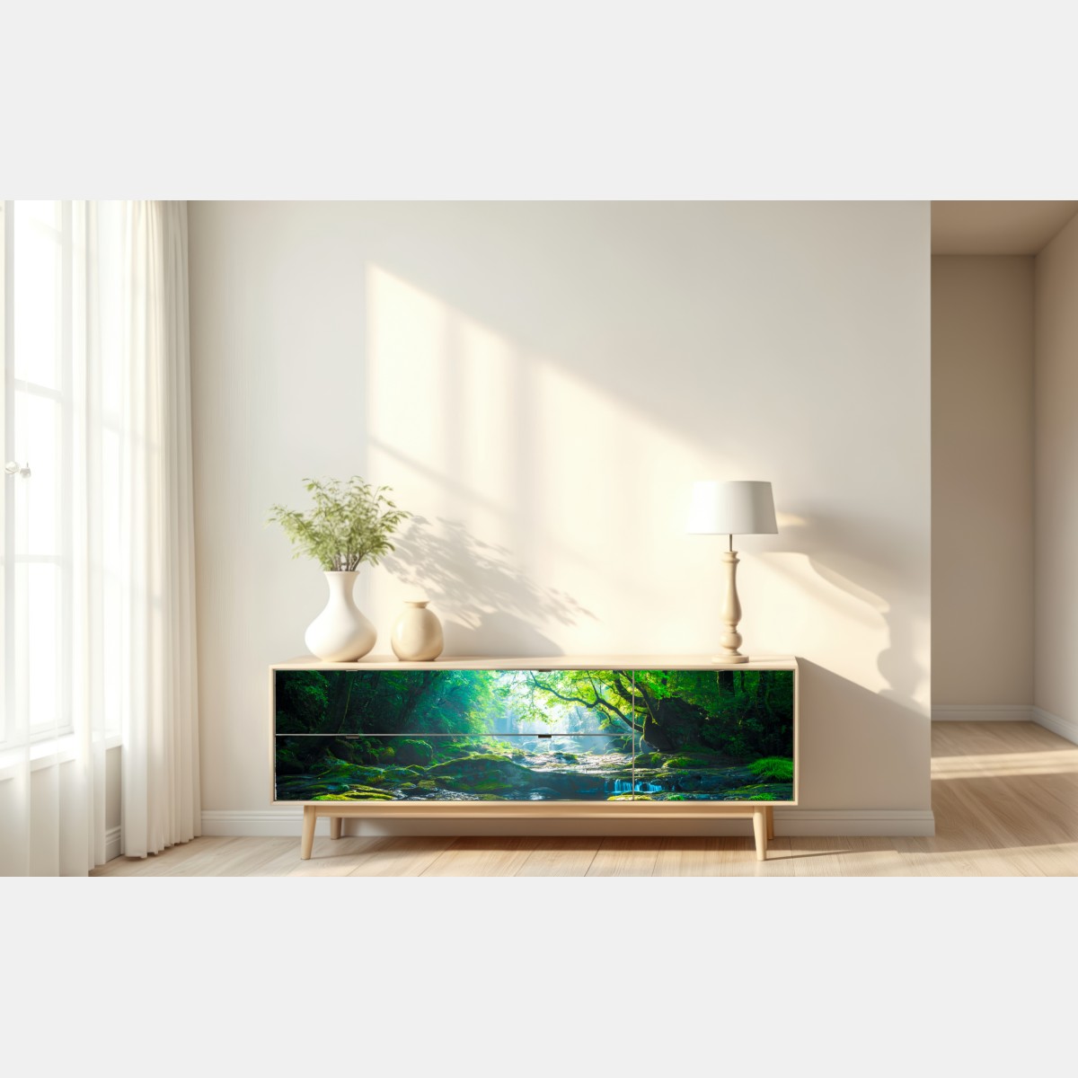 Repositionierbarer Aufkleber sonnendurchfluteter waldbach mit moosbedeckten steinen – Wallnifity® Repositionierbarer Aufkleber sonnendurchfluteter waldbach mit moosbedeckten steinen – Wallnifity®