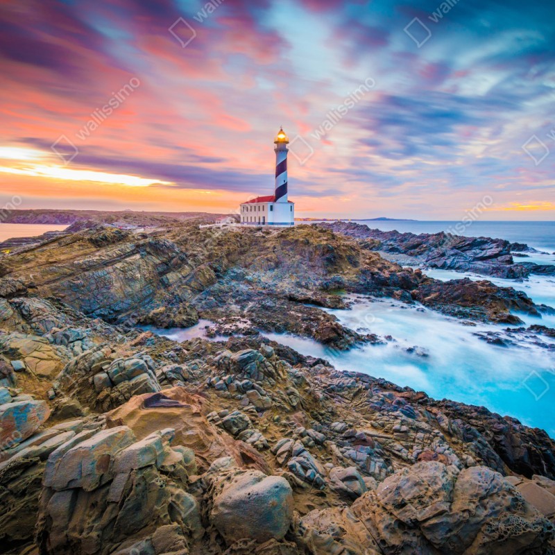 Repositionierbarer Aufkleber sonnenuntergang bei leuchtturm Favaritx, Menorca – Wallnifity® Repositionierbarer Aufkleber sonnenuntergang bei leuchtturm Favaritx, Menorca – Wallnifity®