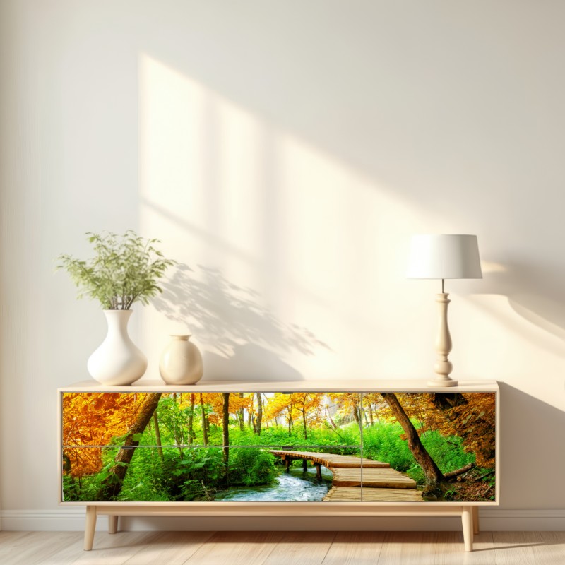 Repositionierbarer Aufkleber goldener steg durch den wald bei Plitvicer Seen – Wallnifity® Repositionierbarer Aufkleber goldener steg durch den wald bei Plitvicer Seen – Wallnifity®