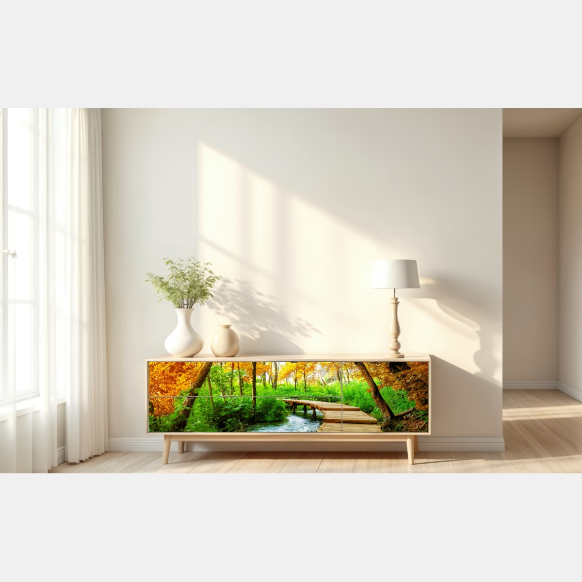 Repositionierbarer Aufkleber goldener steg durch den wald bei Plitvicer Seen – Wallnifity® Repositionierbarer Aufkleber goldener steg durch den wald bei Plitvicer Seen – Wallnifity®