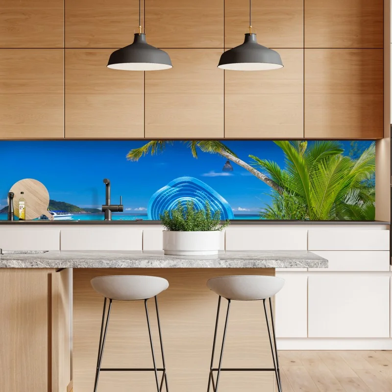 Repositionierbarer Aufkleber tropischer strand mit blauem sonnenhut – Wallnifity® Repositionierbarer Aufkleber tropischer strand mit blauem sonnenhut – Wallnifity®