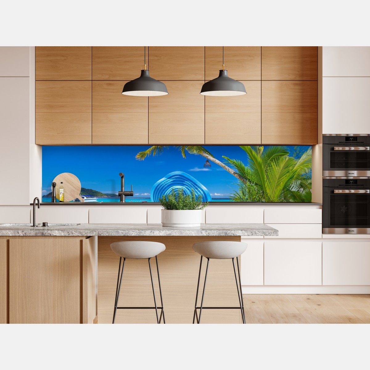 Repositionierbarer Aufkleber tropischer strand mit blauem sonnenhut – Wallnifity® Repositionierbarer Aufkleber tropischer strand mit blauem sonnenhut – Wallnifity®