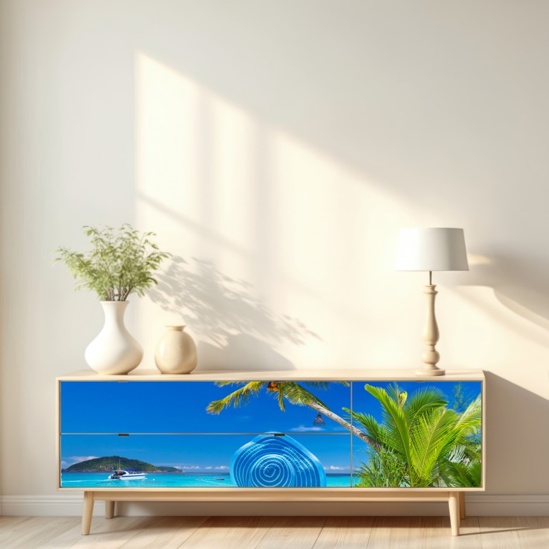 Repositionierbarer Aufkleber tropischer strand mit blauem sonnenhut – Wallnifity® Repositionierbarer Aufkleber tropischer strand mit blauem sonnenhut – Wallnifity®