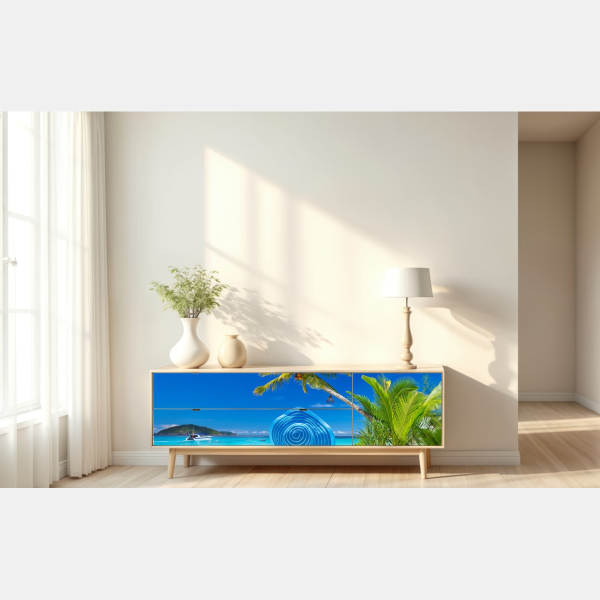 Repositionierbarer Aufkleber tropischer strand mit blauem sonnenhut – Wallnifity® Repositionierbarer Aufkleber tropischer strand mit blauem sonnenhut – Wallnifity®