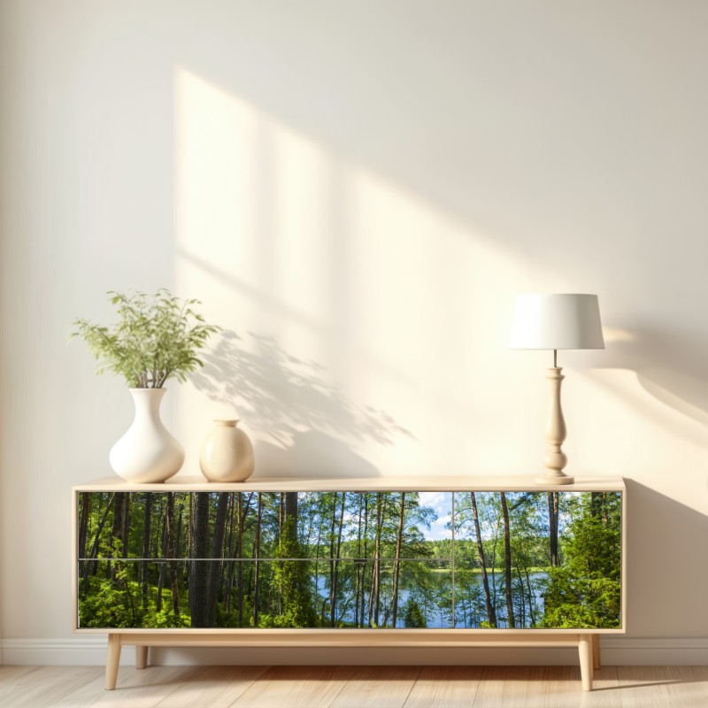 Repositionierbarer Aufkleber ruhiger kiefernwald am see – Wallnifity® Repositionierbarer Aufkleber ruhiger kiefernwald am see – Wallnifity®