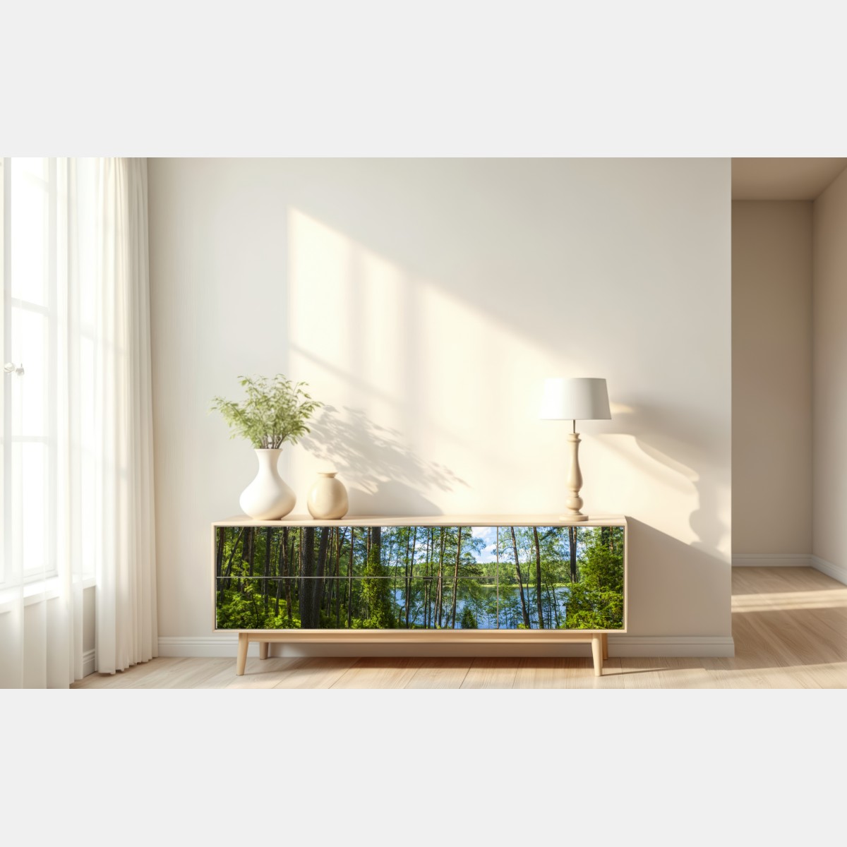 Repositionierbarer Aufkleber ruhiger kiefernwald am see – Wallnifity® Repositionierbarer Aufkleber ruhiger kiefernwald am see – Wallnifity®
