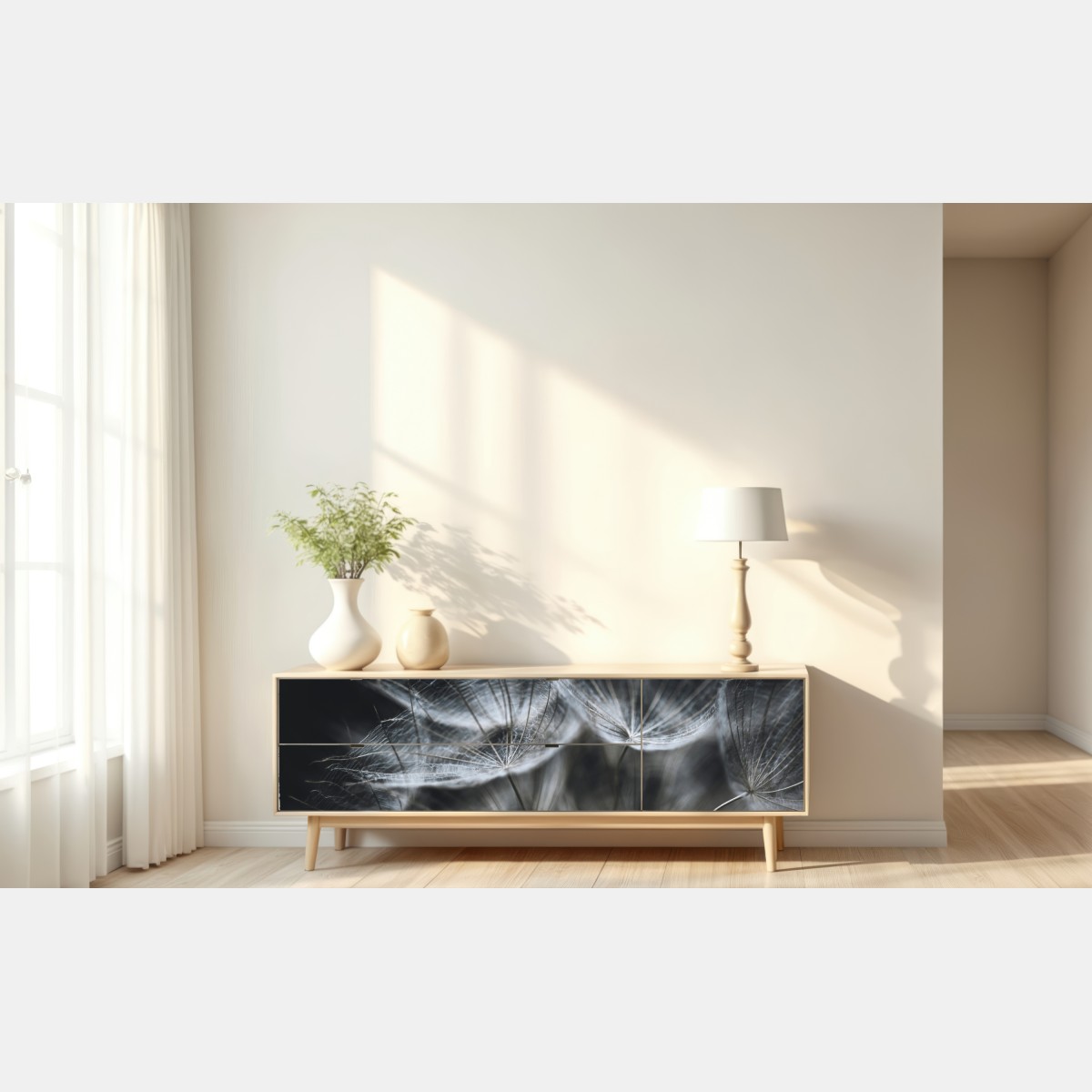 Repositionierbarer Aufkleber zarte löwenzahnsamen in monochrom – Wallnifity® Repositionierbarer Aufkleber zarte löwenzahnsamen in monochrom – Wallnifity®