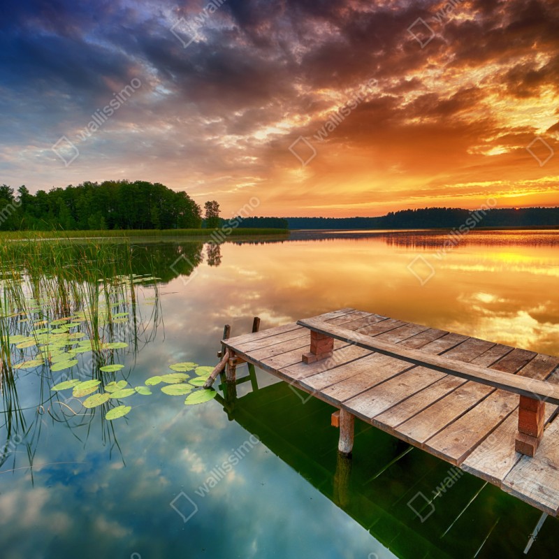 Repositionierbarer Aufkleber goldener sonnenaufgang über ruhigem see – Wallnifity® Repositionierbarer Aufkleber goldener sonnenaufgang über ruhigem see – Wallnifity®