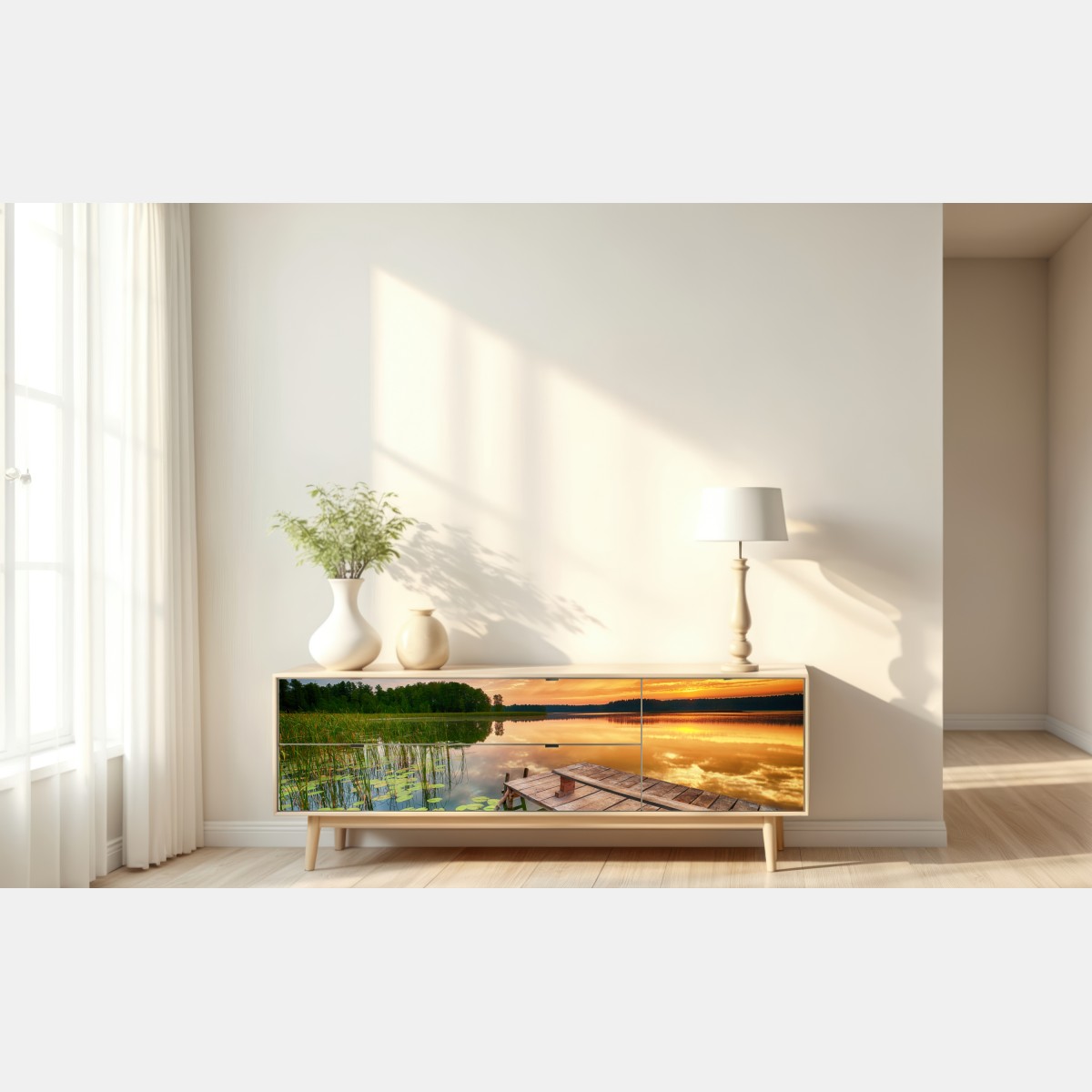Repositionierbarer Aufkleber goldener sonnenaufgang über ruhigem see – Wallnifity® Repositionierbarer Aufkleber goldener sonnenaufgang über ruhigem see – Wallnifity®