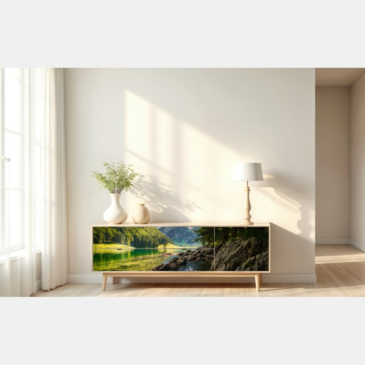 Repositionierbarer Aufkleber ruhiger bergsee mit spiegelungen im wald – Wallnifity® Repositionierbarer Aufkleber ruhiger bergsee mit spiegelungen im wald – Wallnifity®