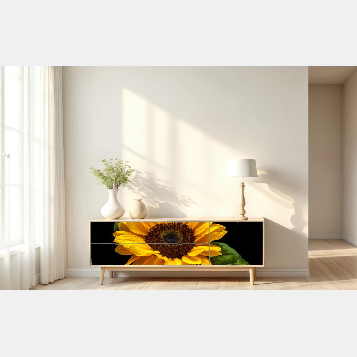 Repositionierbarer Aufkleber leuchtende sonnenblume auf schwarzem hintergrund – Wallnifity® Repositionierbarer Aufkleber leuchtende sonnenblume auf schwarzem hintergrund – Wallnifity®