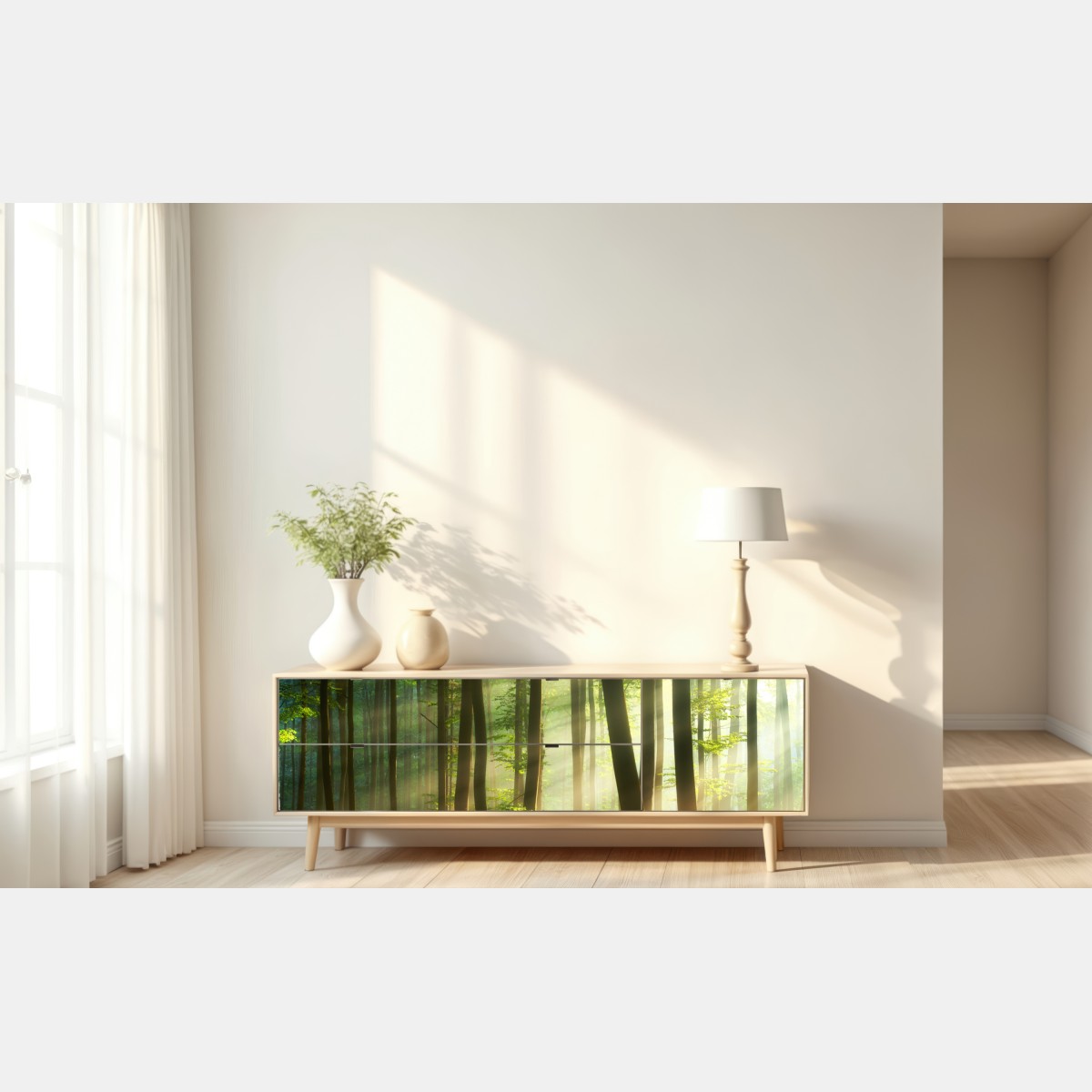 Repositionierbarer Aufkleber sonnenbeschienener morgenwald – Wallnifity® Repositionierbarer Aufkleber sonnenbeschienener morgenwald – Wallnifity®