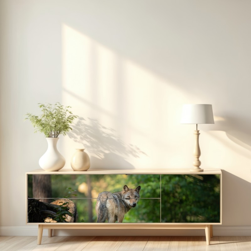 Repositionierbarer Aufkleber wolf auf der lichtung im wald – Wallnifity® Repositionierbarer Aufkleber wolf auf der lichtung im wald – Wallnifity®