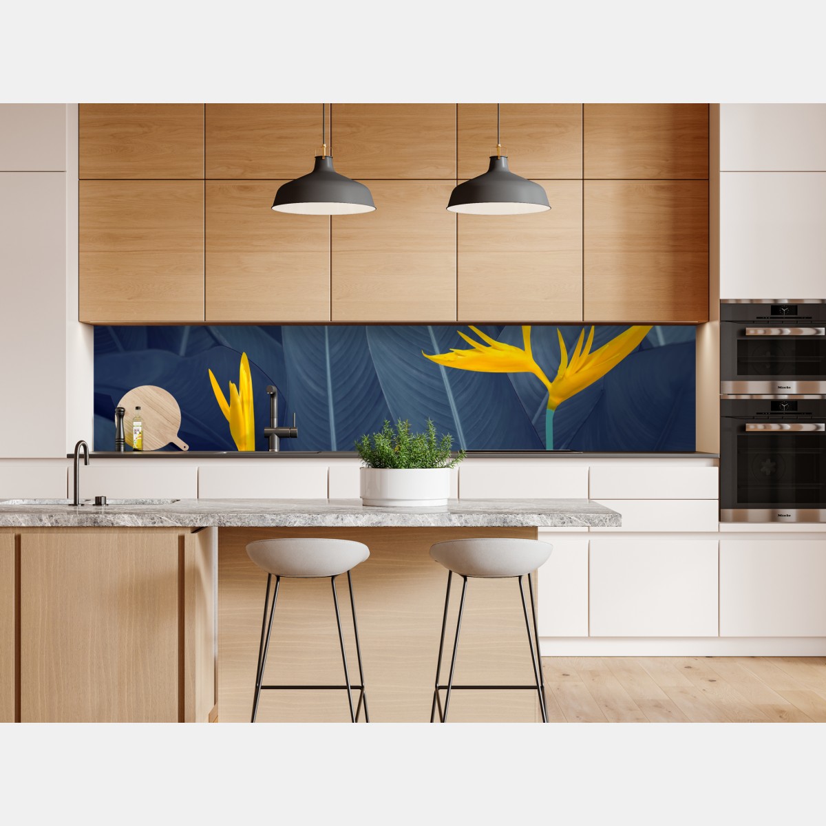Repositionierbarer Aufkleber gelbe strelitzie auf blauen blättern – Wallnifity® Repositionierbarer Aufkleber gelbe strelitzie auf blauen blättern – Wallnifity®